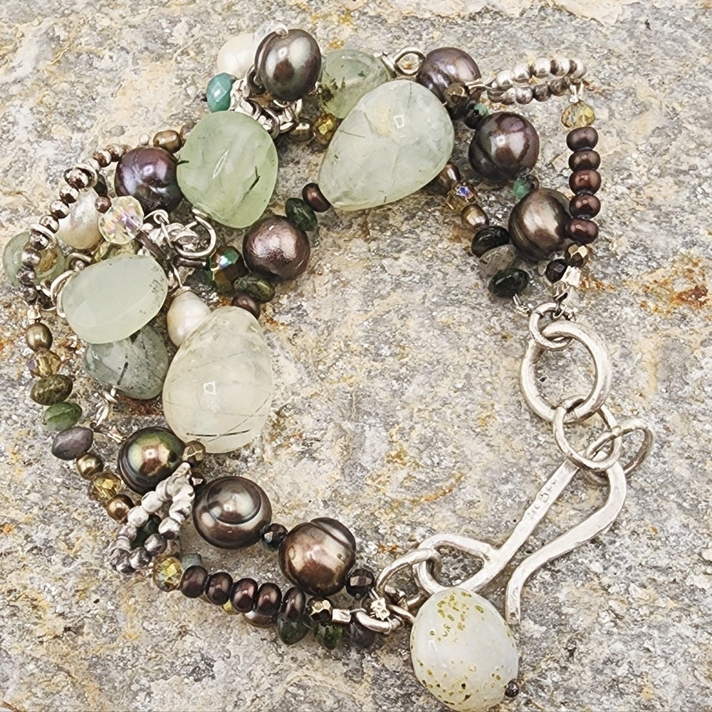 PREHINITE, AFRICAN TURQUOISE & PEARLS DANGLING BRACELET HANDMADE IN STERLING